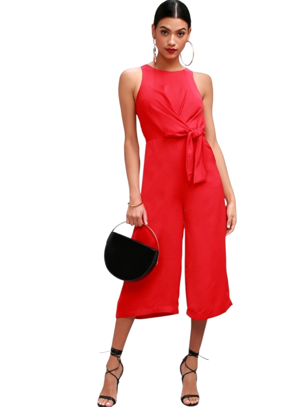 Lulu's Red Sleeveless Tie-Front Pleated High Rise Jumpsuit Size XS